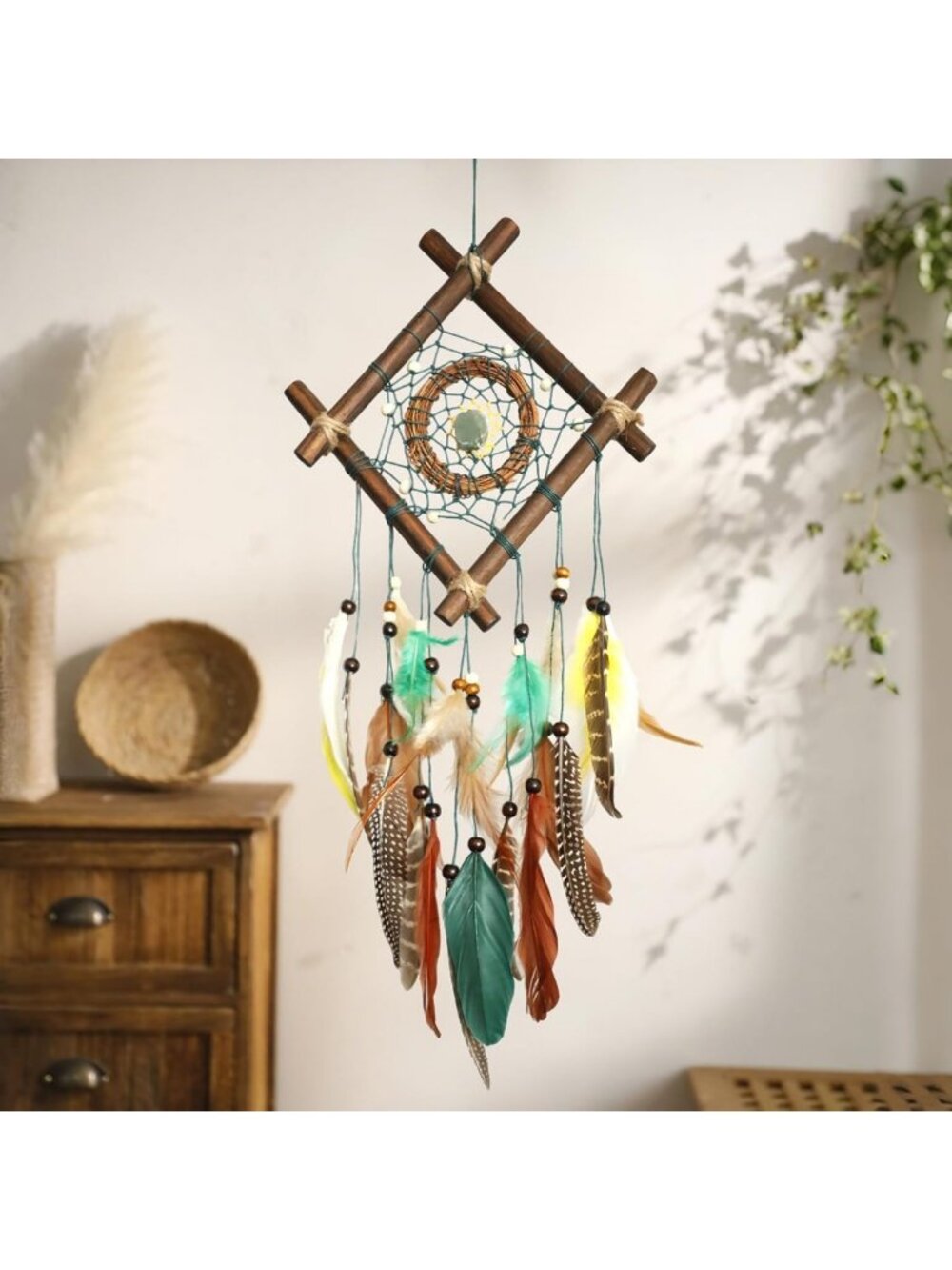 Handmade Boho Dream Catcher Wall Decor | Rattan & Crystal Feathers | Natural